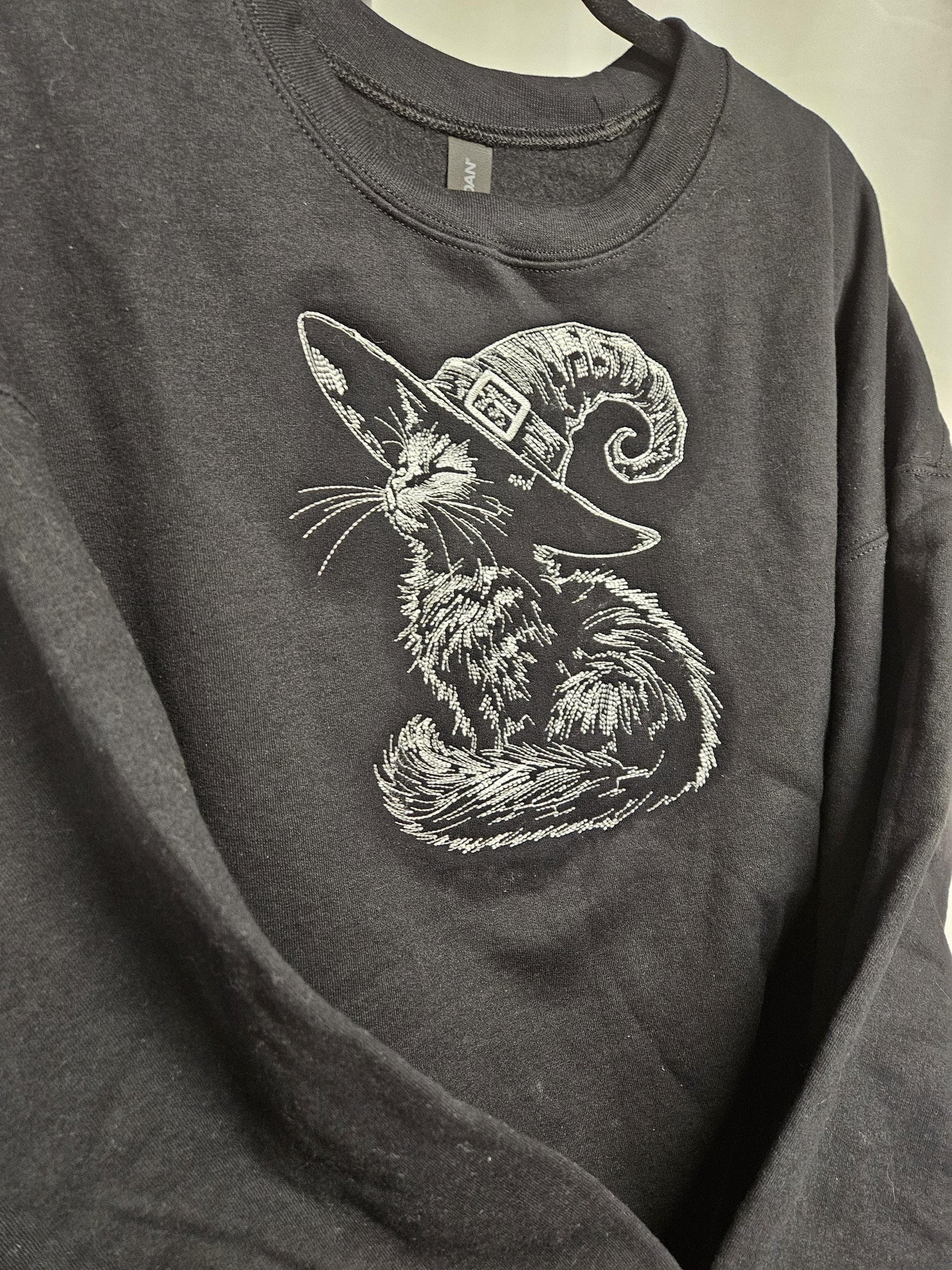 Black Cat Witch Hat Embroidered Sweatshirt | Sketch Embroidery Crewneck | Halloween Cat Pullover | Gothic Fall Sweatshirt