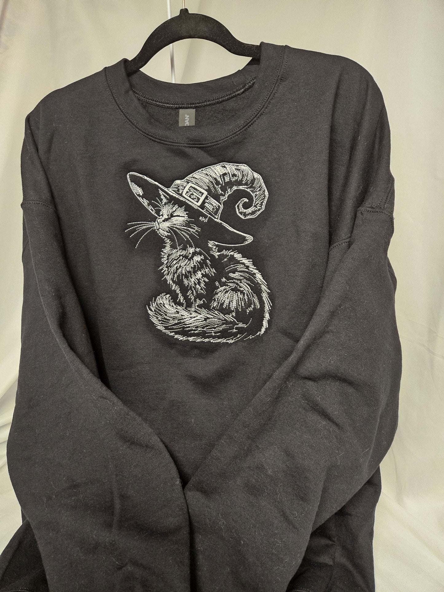 Black Cat Witch Hat Embroidered Sweatshirt | Sketch Embroidery Crewneck | Halloween Cat Pullover | Gothic Fall Sweatshirt