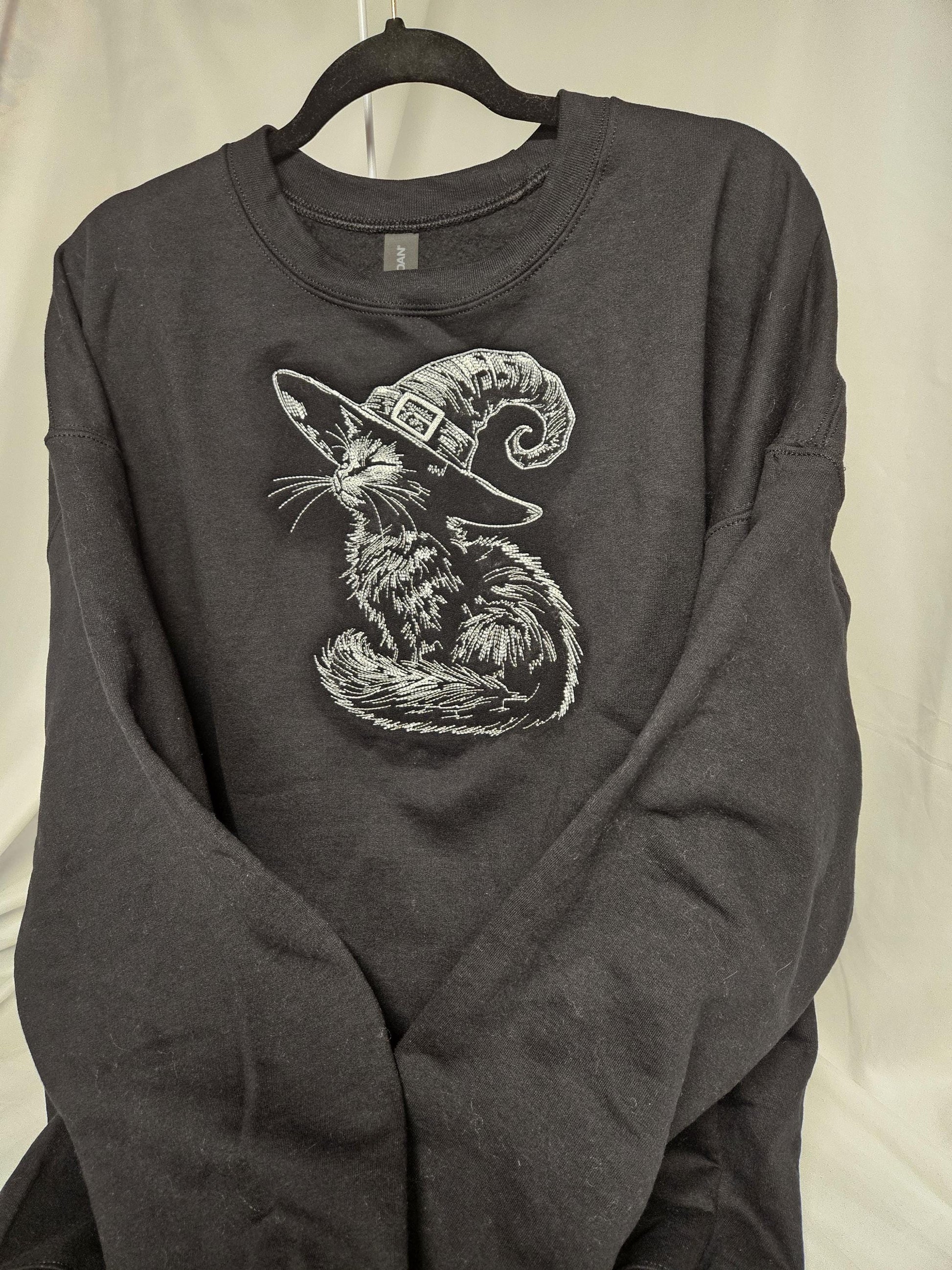 Black Cat Witch Hat Embroidered Sweatshirt | Sketch Embroidery Crewneck | Halloween Cat Pullover | Gothic Fall Sweatshirt