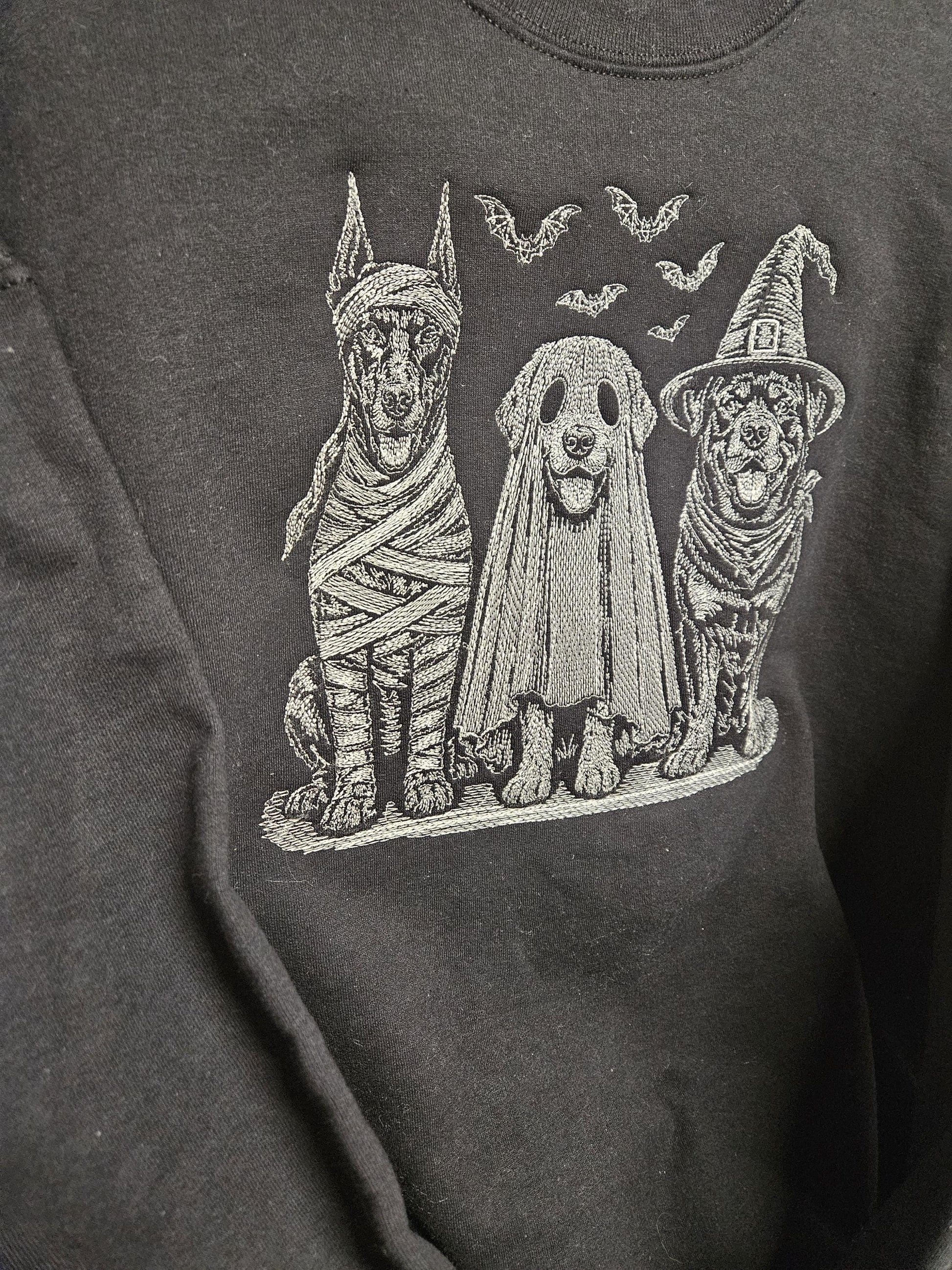 The Boo Crew Embroidered Halloween Sweatshirt | Ghost Dog Witch Dog Mummy Dog Crewneck | Sketch Embroidery Fall Pullover