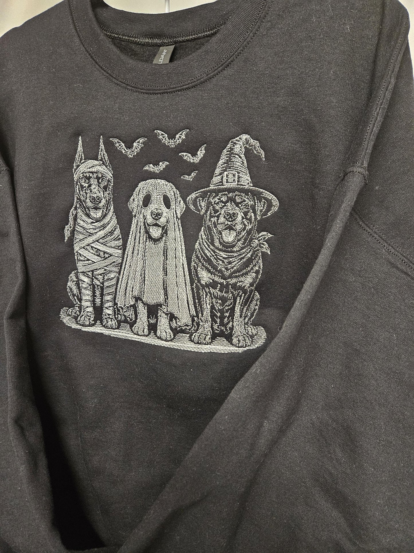 The Boo Crew Embroidered Halloween Sweatshirt | Ghost Dog Witch Dog Mummy Dog Crewneck | Sketch Embroidery Fall Pullover