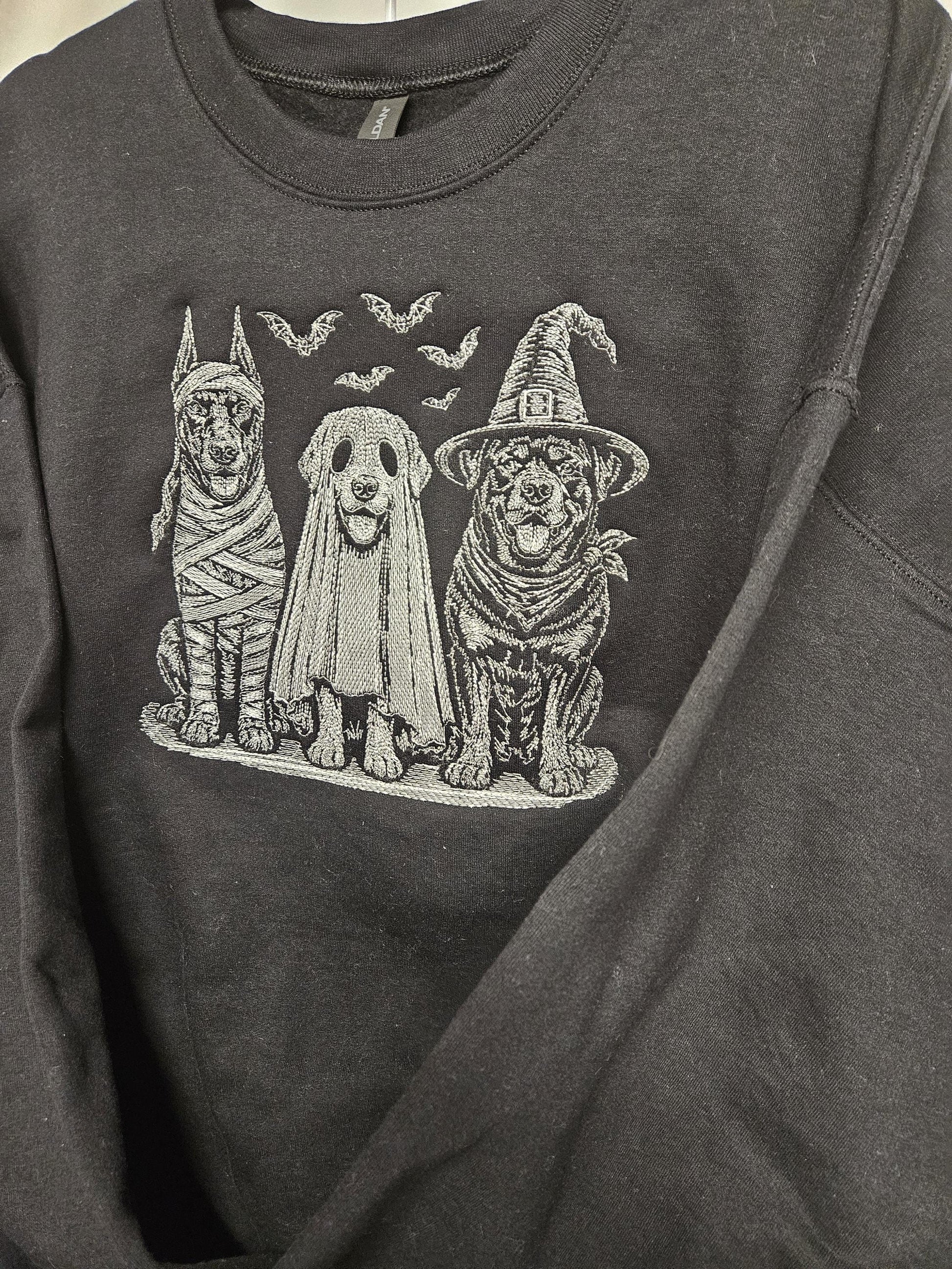The Boo Crew Embroidered Halloween Sweatshirt | Ghost Dog Witch Dog Mummy Dog Crewneck | Sketch Embroidery Fall Pullover