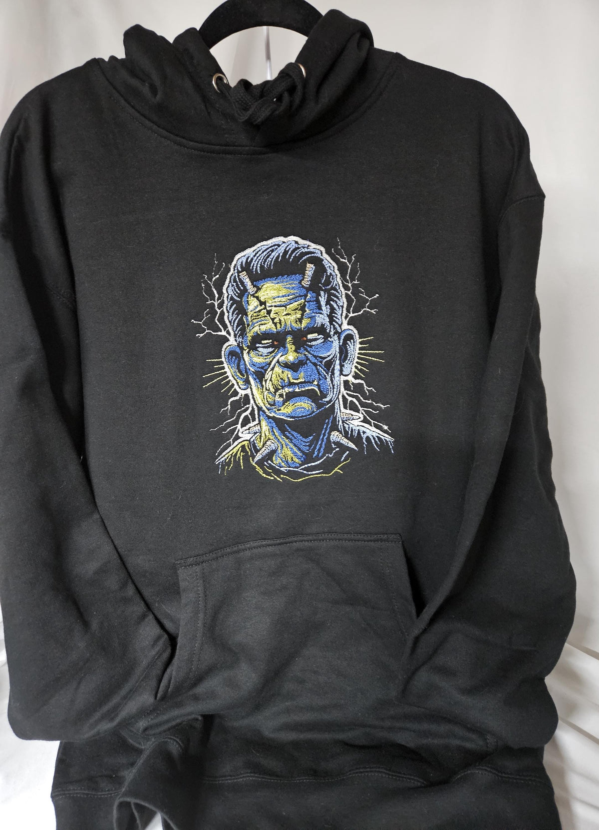 Frankenstein Embroidered Hoodie | Glow in the Dark Lightning | Horror Halloween Sweatshirt | Classic Monster Hoodie