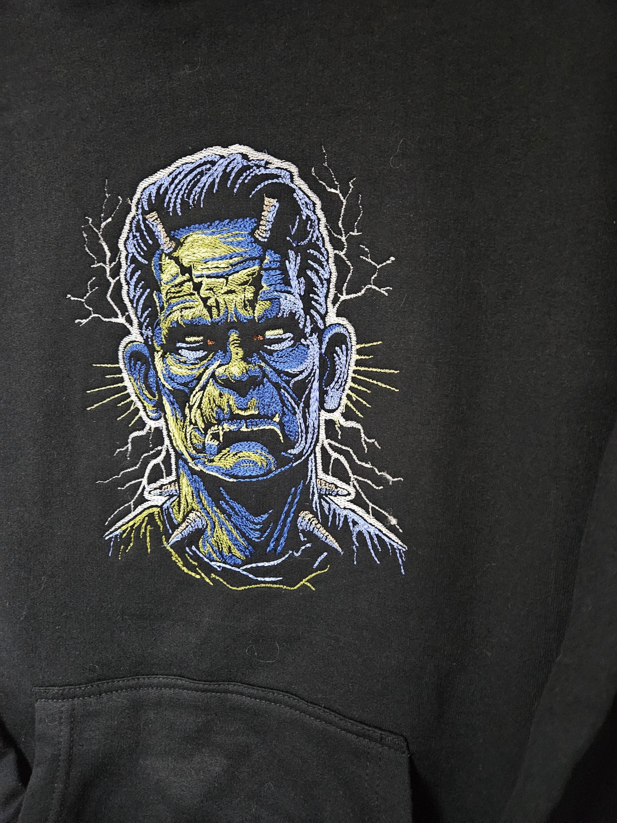 Frankenstein Embroidered Hoodie | Glow in the Dark Lightning | Horror Halloween Sweatshirt | Classic Monster Hoodie
