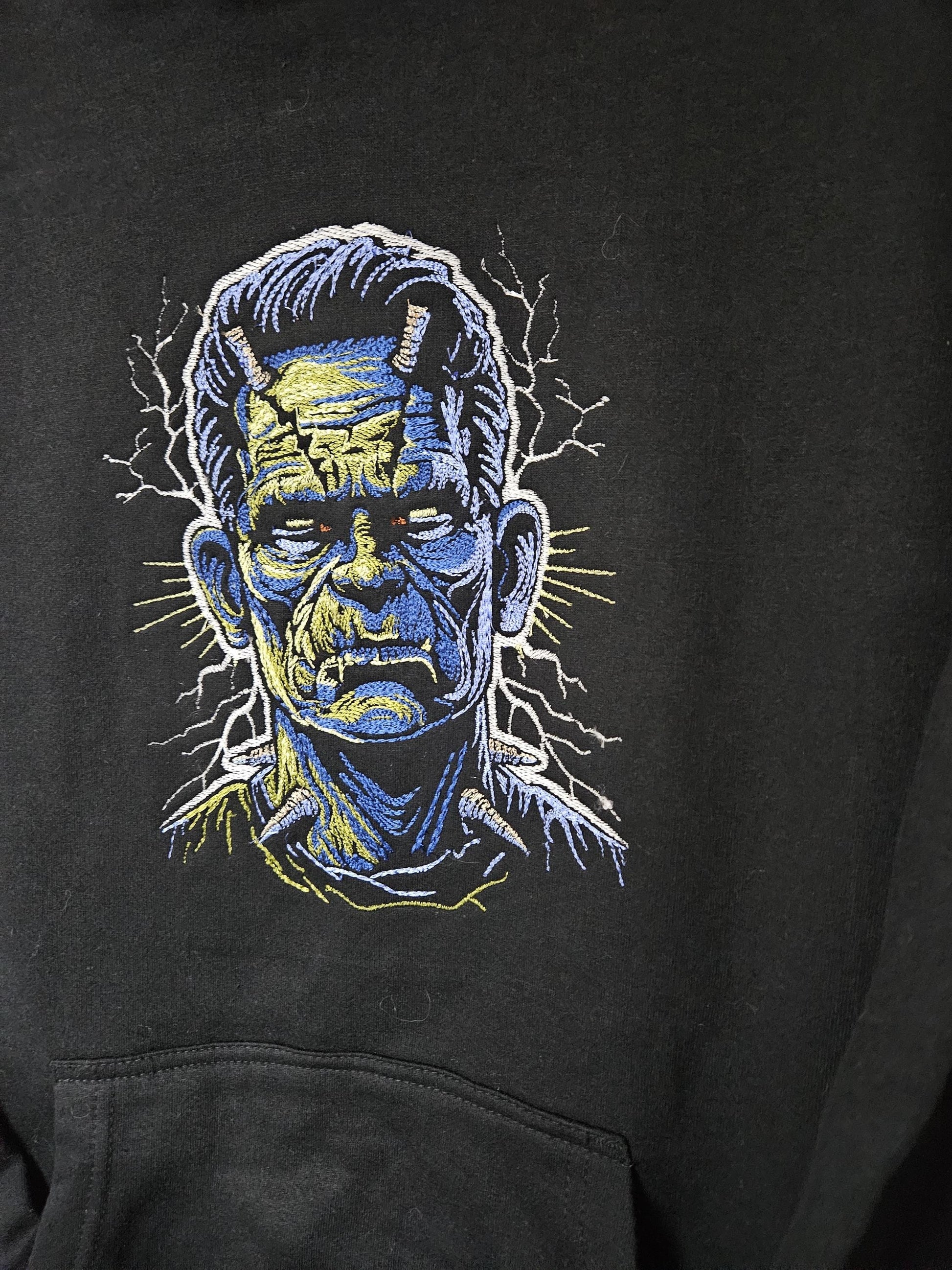 Frankenstein Embroidered Hoodie | Glow in the Dark Lightning | Horror Halloween Sweatshirt | Classic Monster Hoodie