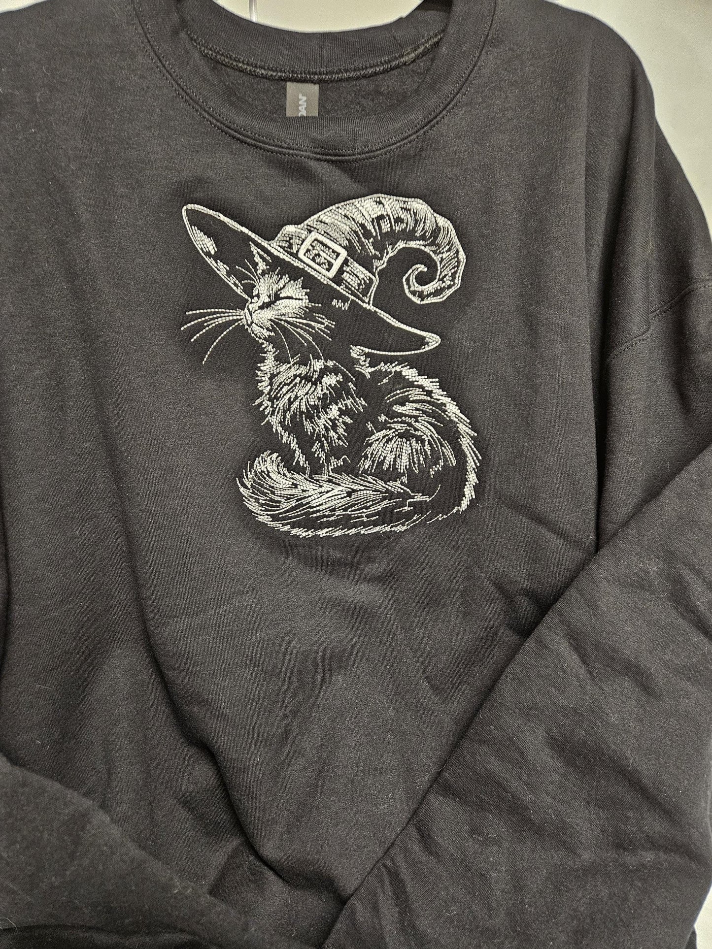 Black Cat Witch Hat Embroidered Sweatshirt | Sketch Embroidery Crewneck | Halloween Cat Pullover | Gothic Fall Sweatshirt