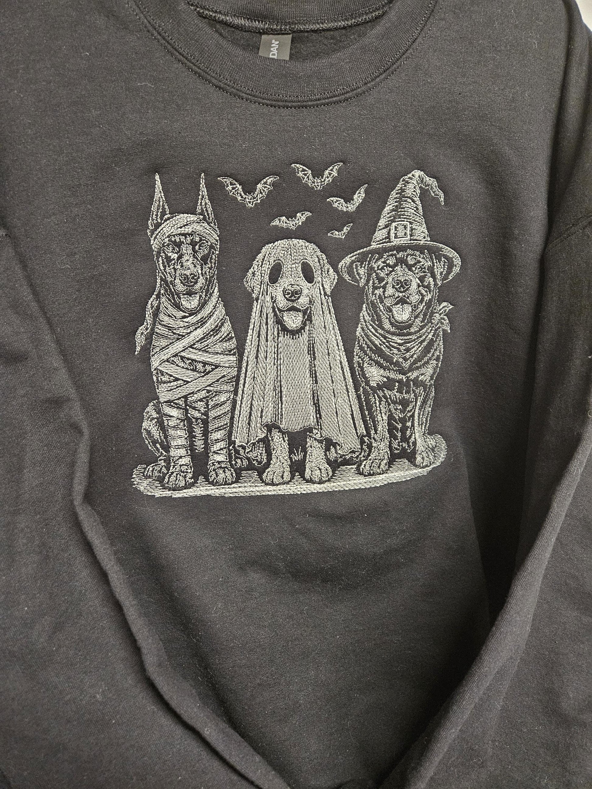 The Boo Crew Embroidered Halloween Sweatshirt | Ghost Dog Witch Dog Mummy Dog Crewneck | Sketch Embroidery Fall Pullover