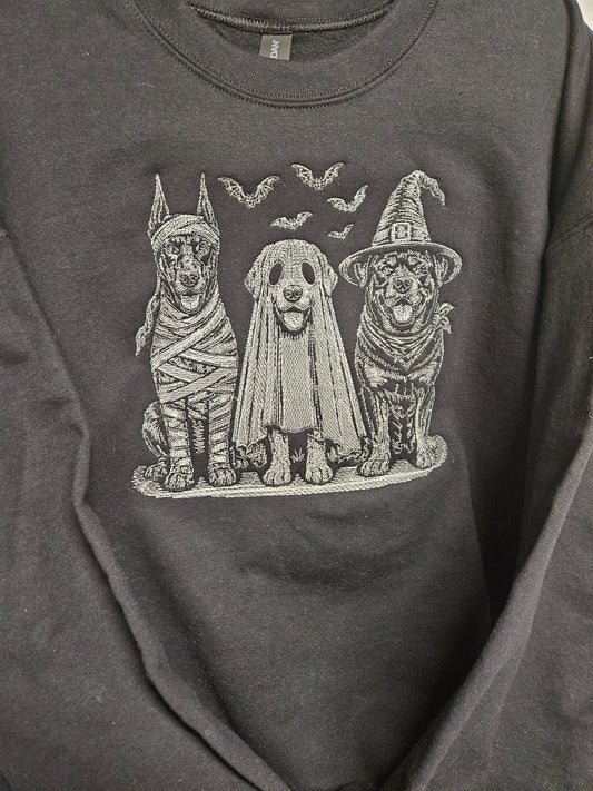 The Boo Crew Embroidered Halloween Sweatshirt | Ghost Dog Witch Dog Mummy Dog Crewneck | Sketch Embroidery Fall Pullover