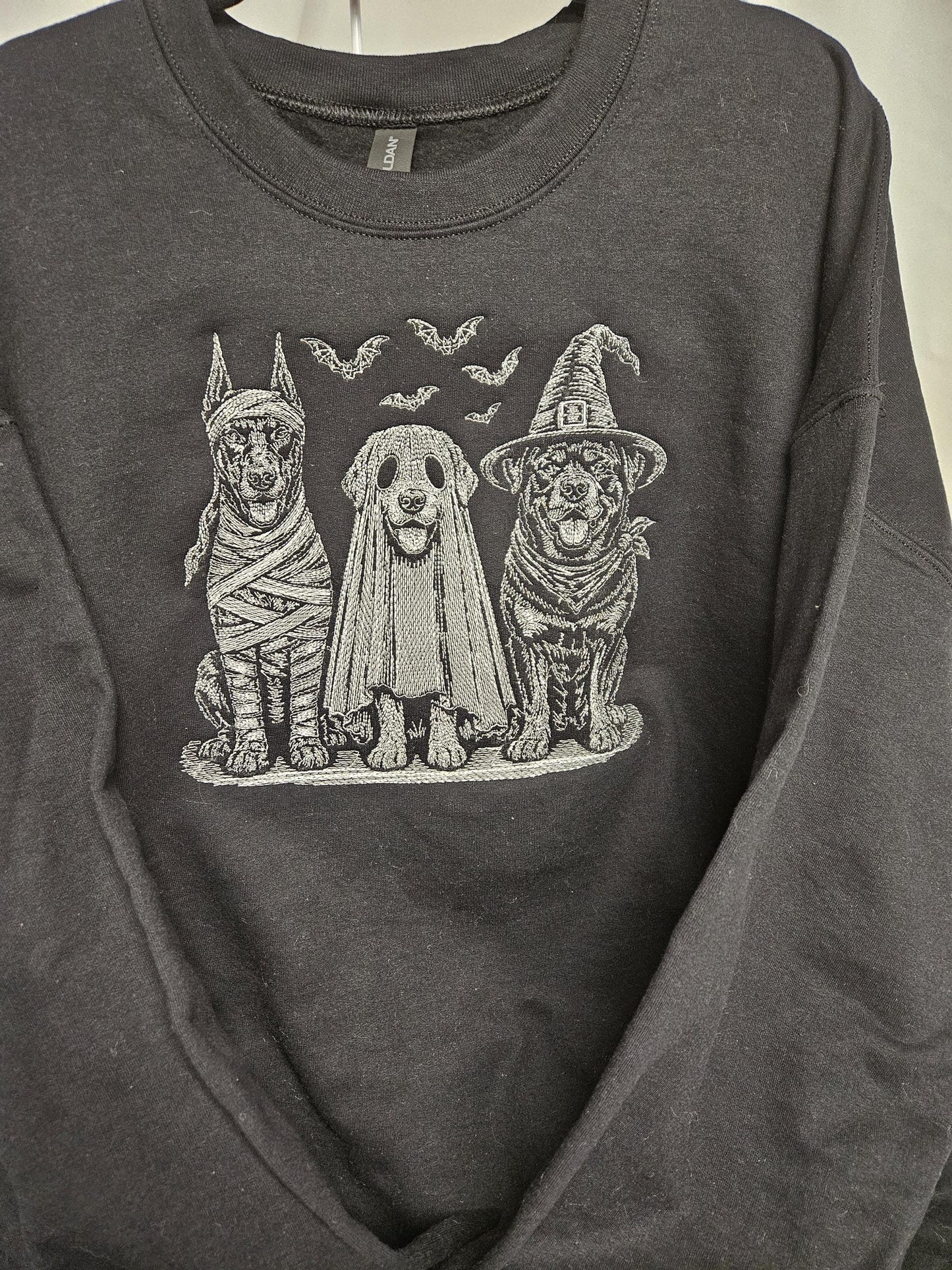 The Boo Crew Embroidered Halloween Sweatshirt | Ghost Dog Witch Dog Mummy Dog Crewneck | Sketch Embroidery Fall Pullover