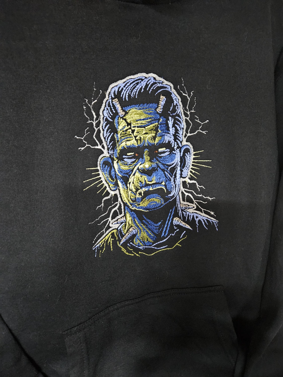Frankenstein Embroidered Hoodie | Glow in the Dark Lightning | Horror Halloween Sweatshirt | Classic Monster Hoodie