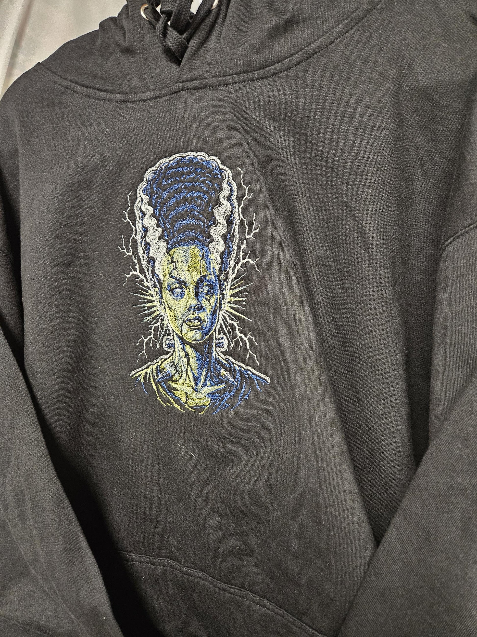 Bride of Frankenstein Embroidered Hoodie | Glow in the Dark Lightning | Classic Horror Monster Sweatshirt | Halloween Gothic Hoodie