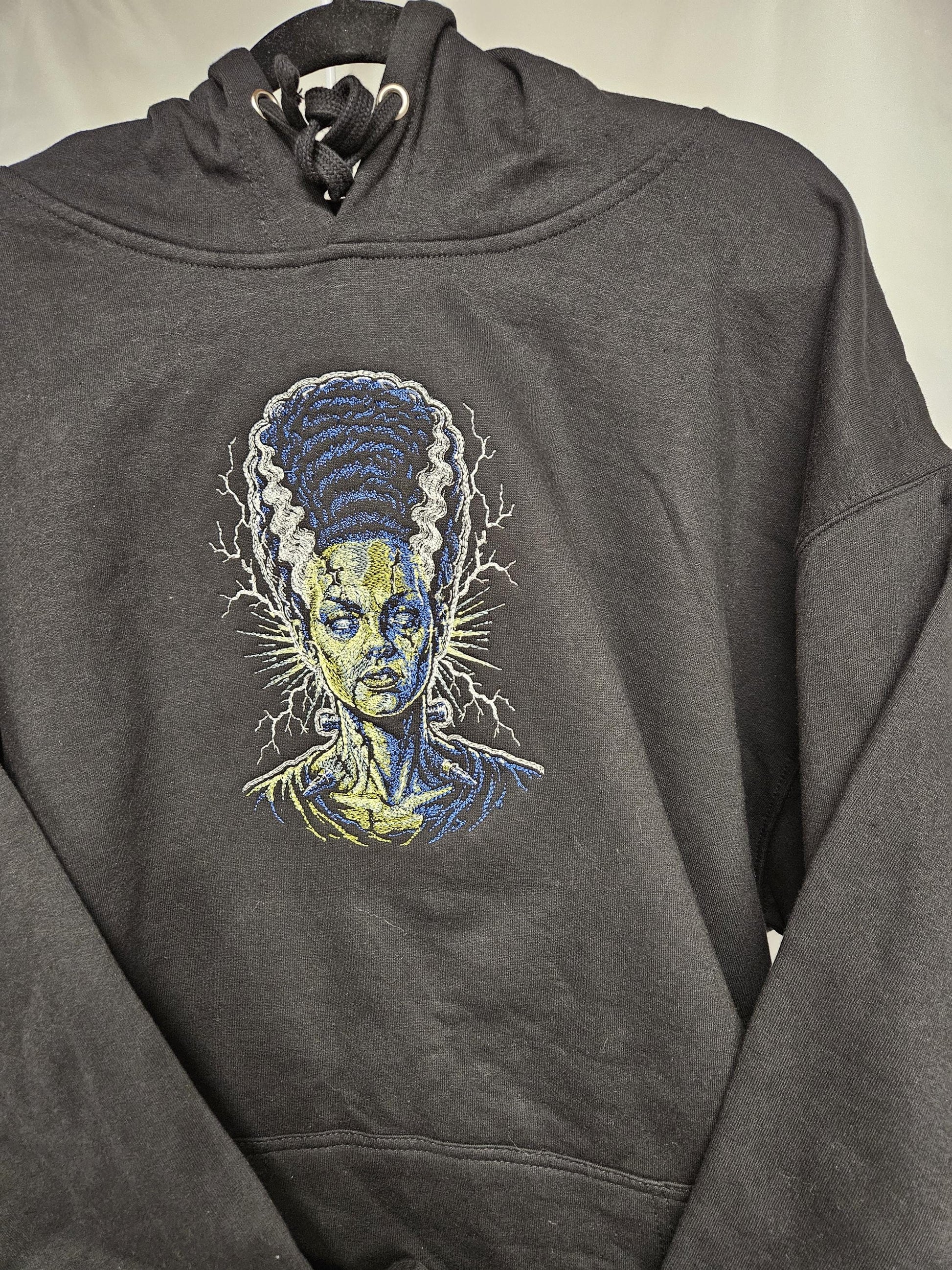 Bride of Frankenstein Embroidered Hoodie | Glow in the Dark Lightning | Classic Horror Monster Sweatshirt | Halloween Gothic Hoodie