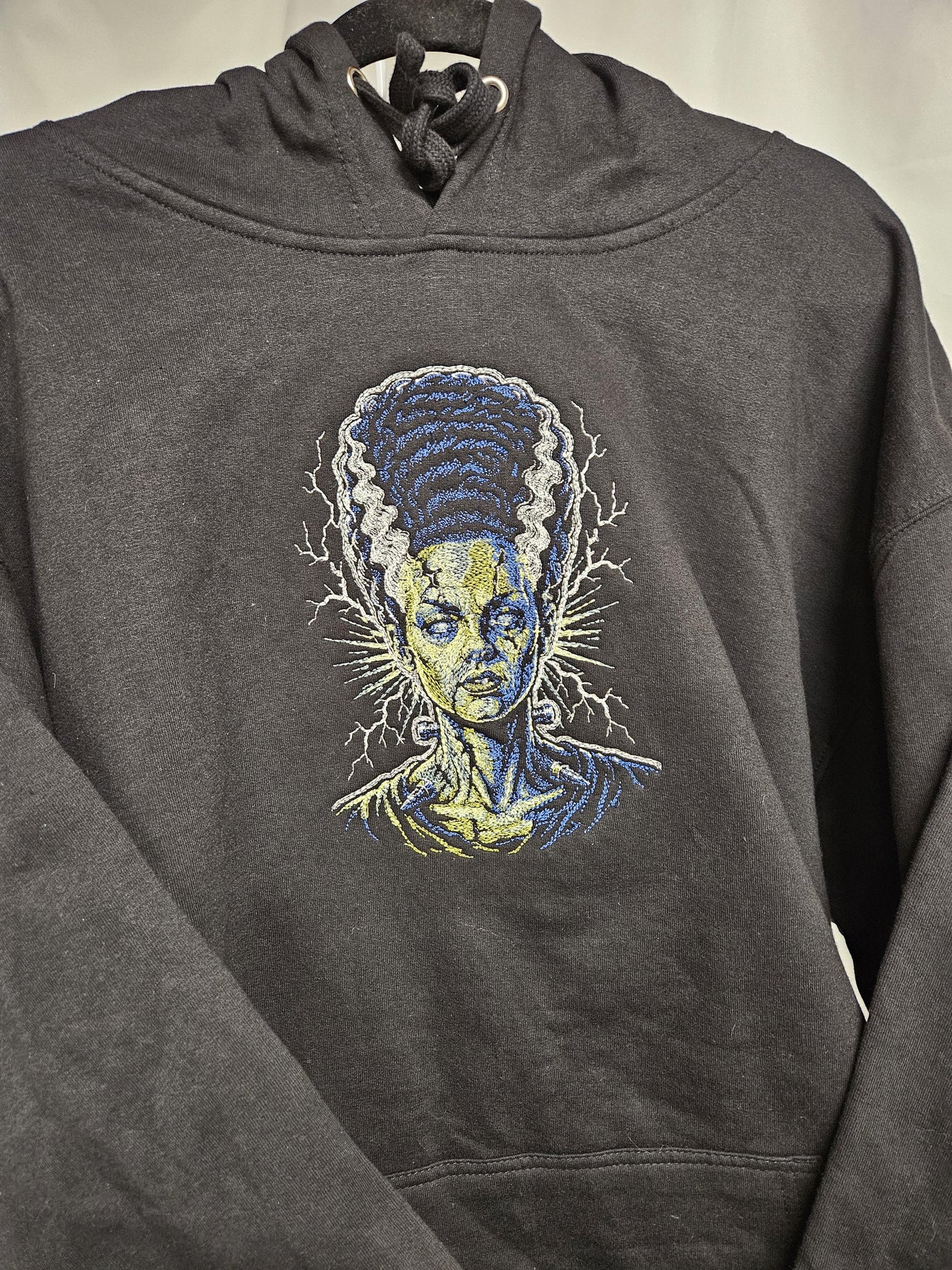 Bride of Frankenstein Embroidered Hoodie | Glow in the Dark Lightning | Classic Horror Monster Sweatshirt | Halloween Gothic Hoodie