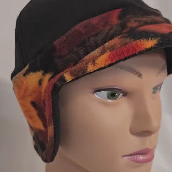Black and Autumn Leaves Print Fleece Winter Cap with Visor: Fleece Winter Cap with Visor with ear protection, Med Size 22.5" circumference