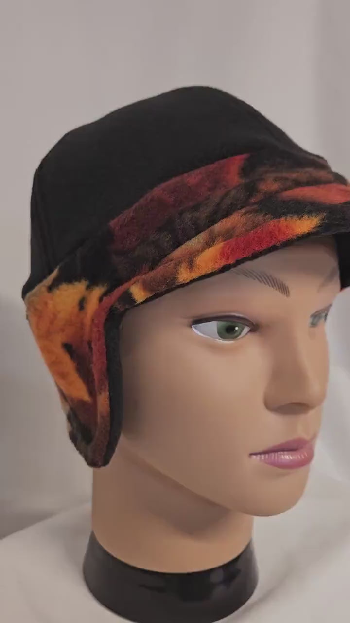 Black and Autumn Leaves Print Fleece Winter Cap with Visor: Fleece Winter Cap with Visor with ear protection, Med Size 22.5" circumference