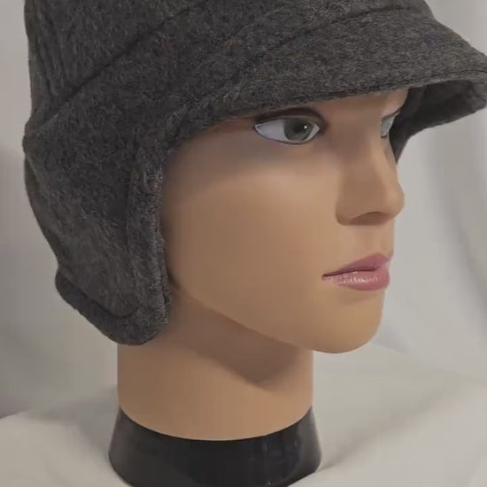 Gray Fleece Winter Cap with Visor: Fleece Winter Cap with Visor, unisex with ear protection, Medium Size 22.5" circumference