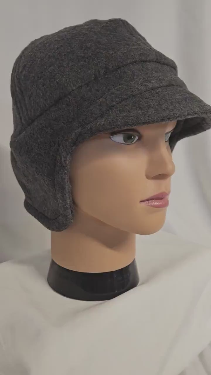 Gray Fleece Winter Cap with Visor: Fleece Winter Cap with Visor, unisex with ear protection, Large Size 23.5" circumference