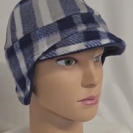 Blue Plaid Fleece Winter Cap with Visor: Fleece Winter Cap with Visor, unisex with ear protection, Medium Size 22.5" circumference