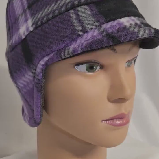 Purple Plaid Fleece Winter Cap with Visor: Fleece Winter Cap with Visor, unisex with ear protection, Medium Size 22.5" circumference