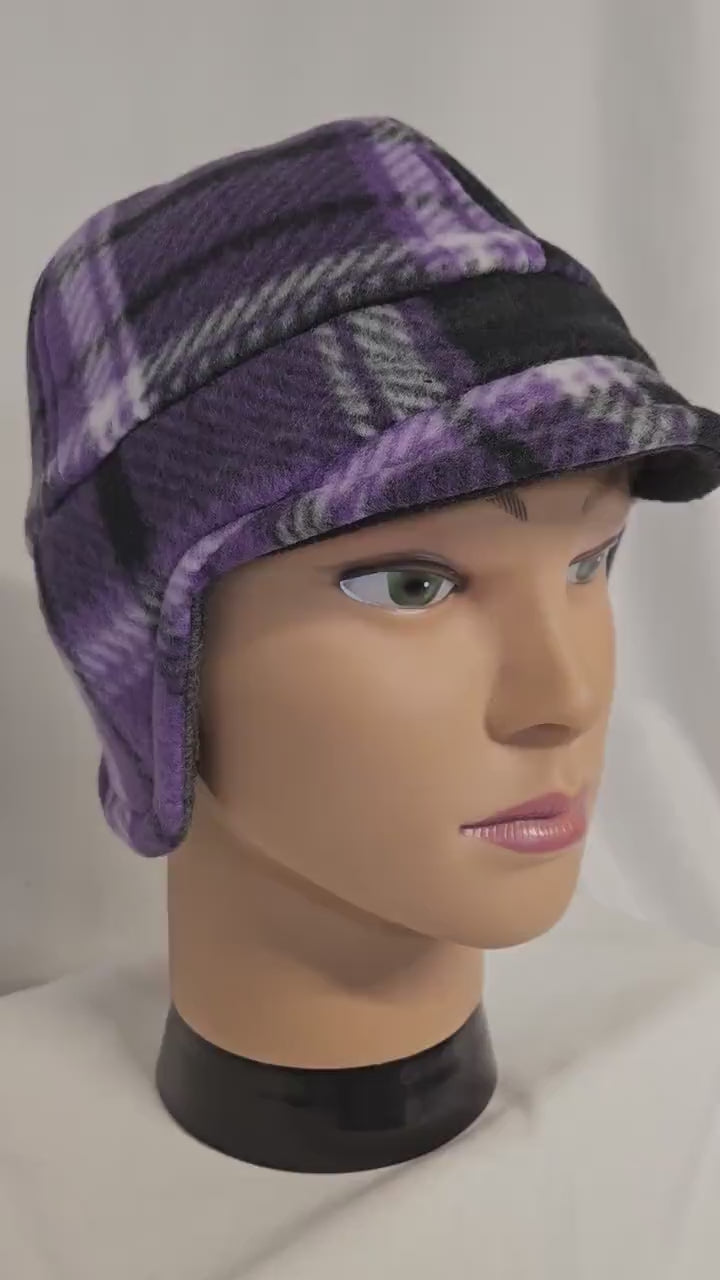 Purple Plaid Fleece Winter Cap with Visor: Fleece Winter Cap with Visor, unisex with ear protection, Medium Size 22.5" circumference