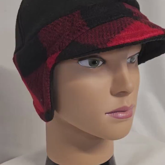 Black and Red Buffalo Check Fleece Winter Cap with Visor: Fleece Winter Cap with Visor with ear protection, Medium Size 22.5" circumference