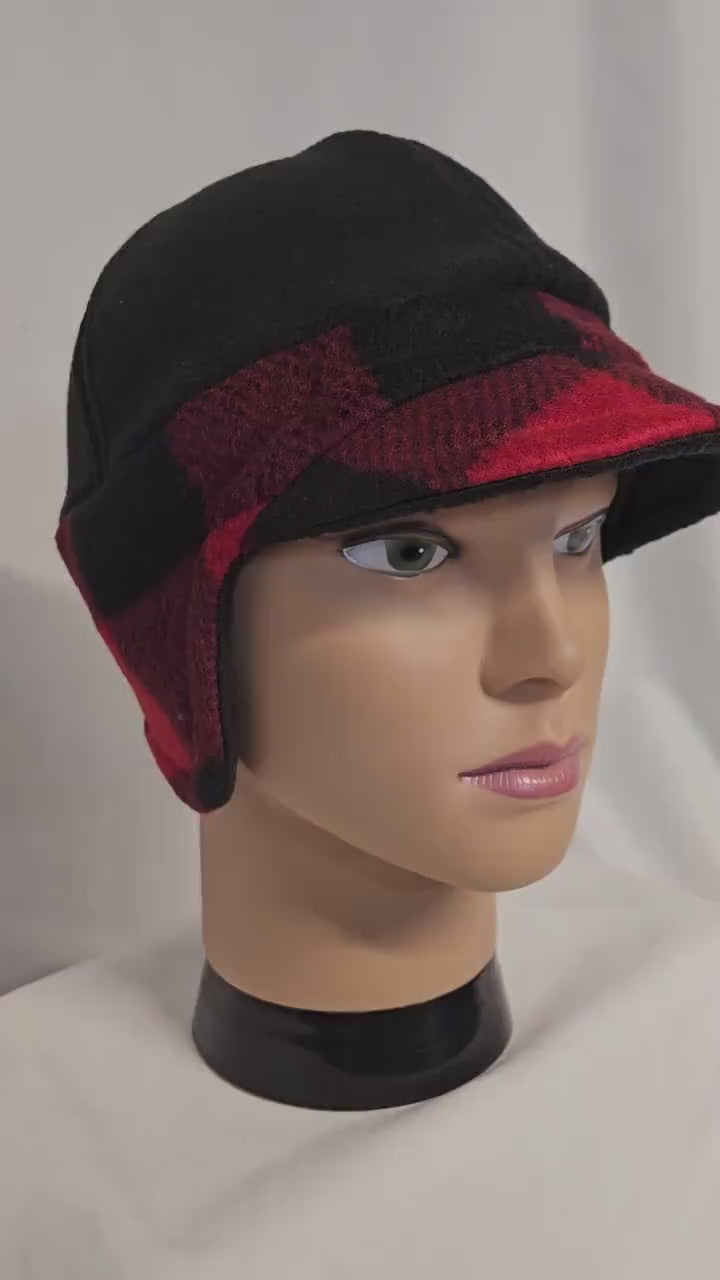 Black and Red Buffalo Check Fleece Winter Cap with Visor: Fleece Winter Cap with Visor with ear protection, Medium Size 22.5" circumference