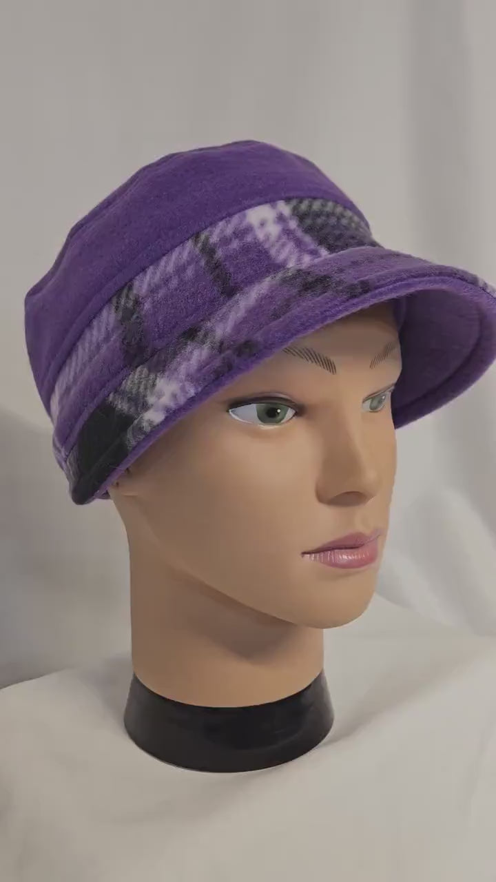 Purple Plaid Print Fleece With Brim Winter Rosie Hat Size Medium 22.5 circumference