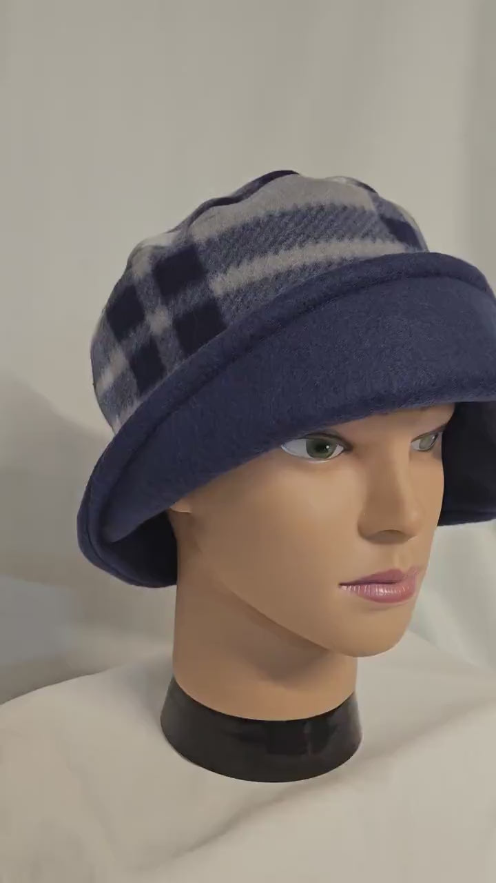 Blue Plaid Fleece Winter Left Side Flapper Hat