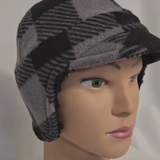 Black and gray check Fleece Winter Cap with Visor: Fleece Winter Cap with Visor, unisex with ear protection, Medium Size 22.5" circumference