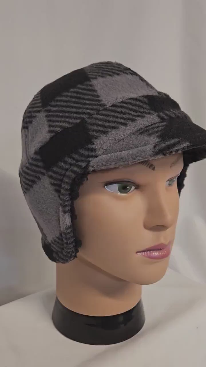 Black and gray check Fleece Winter Cap with Visor: Fleece Winter Cap with Visor, unisex with ear protection, Medium Size 22.5" circumference
