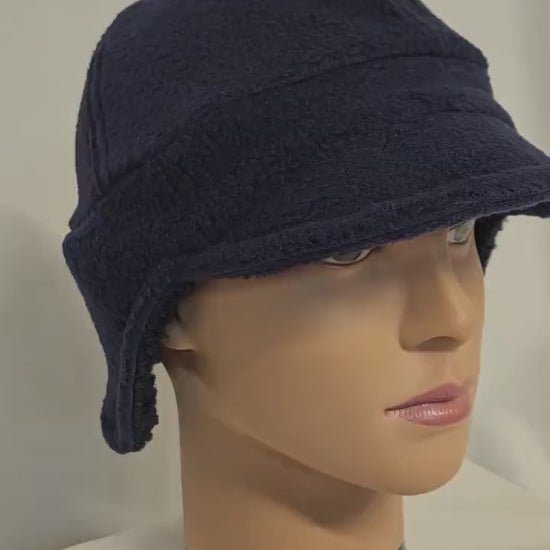 Navy Blue Fleece Winter Cap with Visor: Fleece Winter Cap with Visor, unisex with ear protection, Medium Size 22.5" circumference