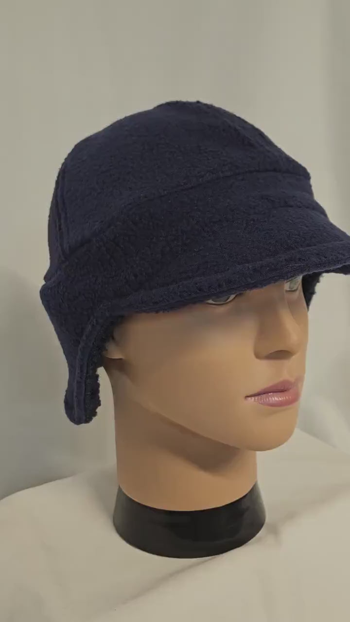 Navy Blue Fleece Winter Cap with Visor: Fleece Winter Cap with Visor, unisex with ear protection, Medium Size 22.5" circumference