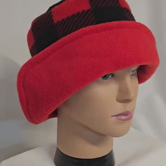 Red and Black Bufflao Check Fleece Winter cloche, Ladies cloche hat, right side flapper hats, Left side flapper hats, vintage winter hat