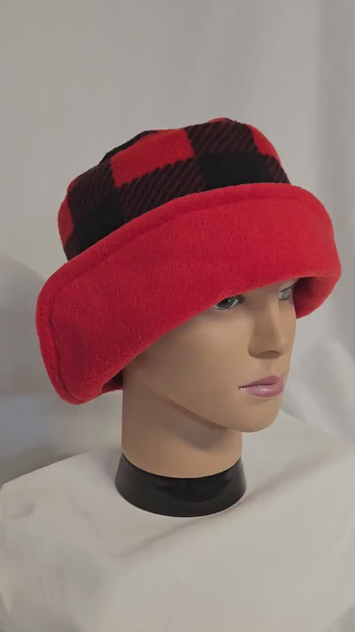 Red and Black Bufflao Check Fleece Winter cloche, Ladies cloche hat, right side flapper hats, Left side flapper hats, vintage winter hat
