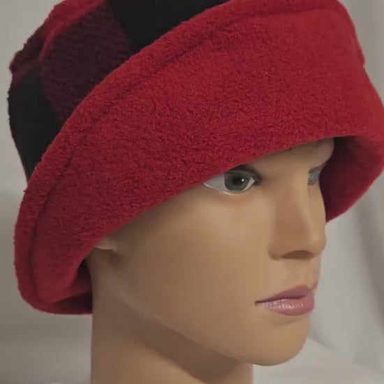 Red and Black Buffalo Check with Black Flapper Anti Pill Fleece Winter Flapper Hat Size Large with Left Side Flap