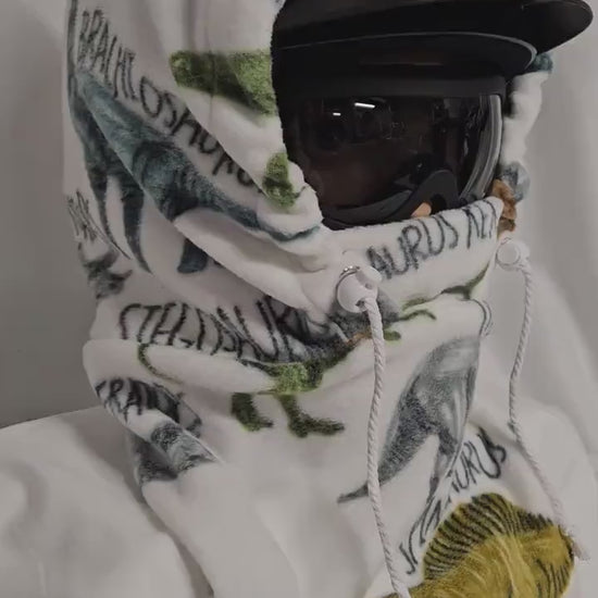 Dino with Words Anti Pill Fleece Large Hoodaclava, Riding Helmet Cover, Hoodie Hat, Ski Mask, 4-in-1 Fleece Hood Cover, Winter Hat, Snood
