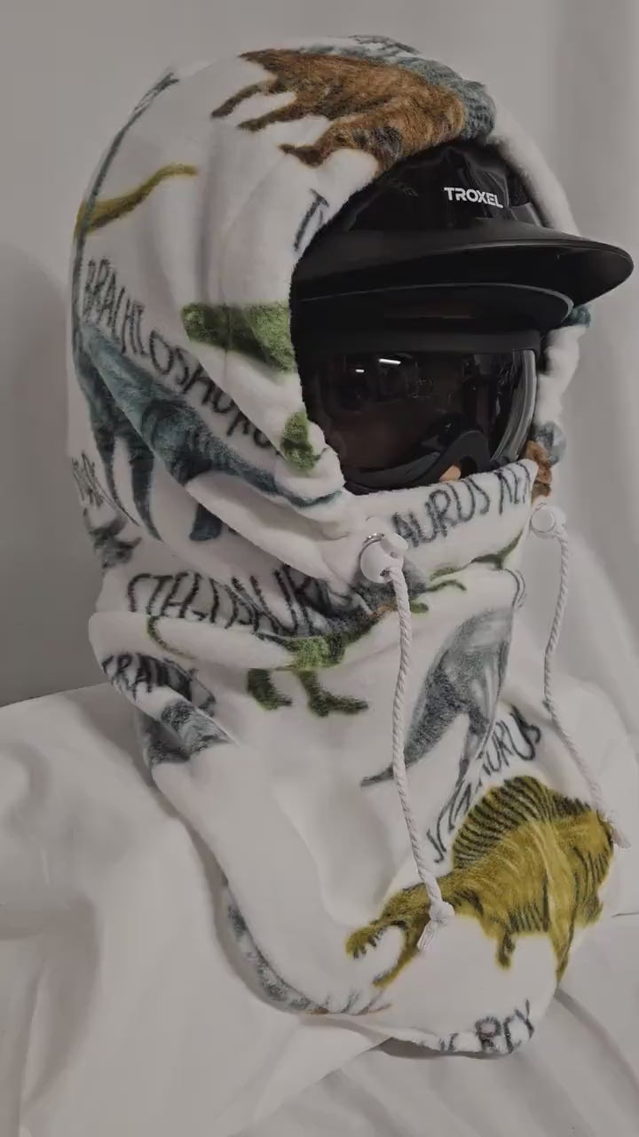 Dino with Words Anti Pill Fleece Large Hoodaclava, Riding Helmet Cover, Hoodie Hat, Ski Mask, 4-in-1 Fleece Hood Cover, Winter Hat, Snood