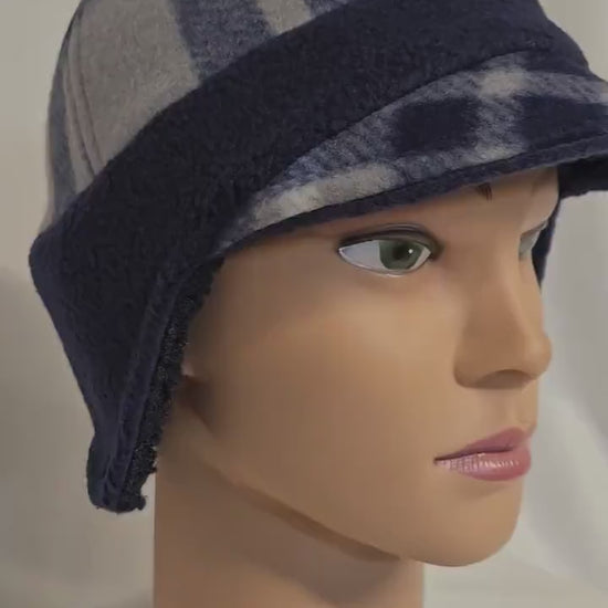 Blue Plaid Fleece Winter Cap with Visor: Fleece Winter Cap with sherpa earflap, unisex with ear protection, Medium Size 22.5" circumference