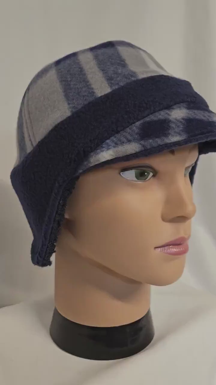 Blue Plaid Fleece Winter Cap with Visor: Fleece Winter Cap with sherpa earflap, unisex with ear protection, Medium Size 22.5" circumference