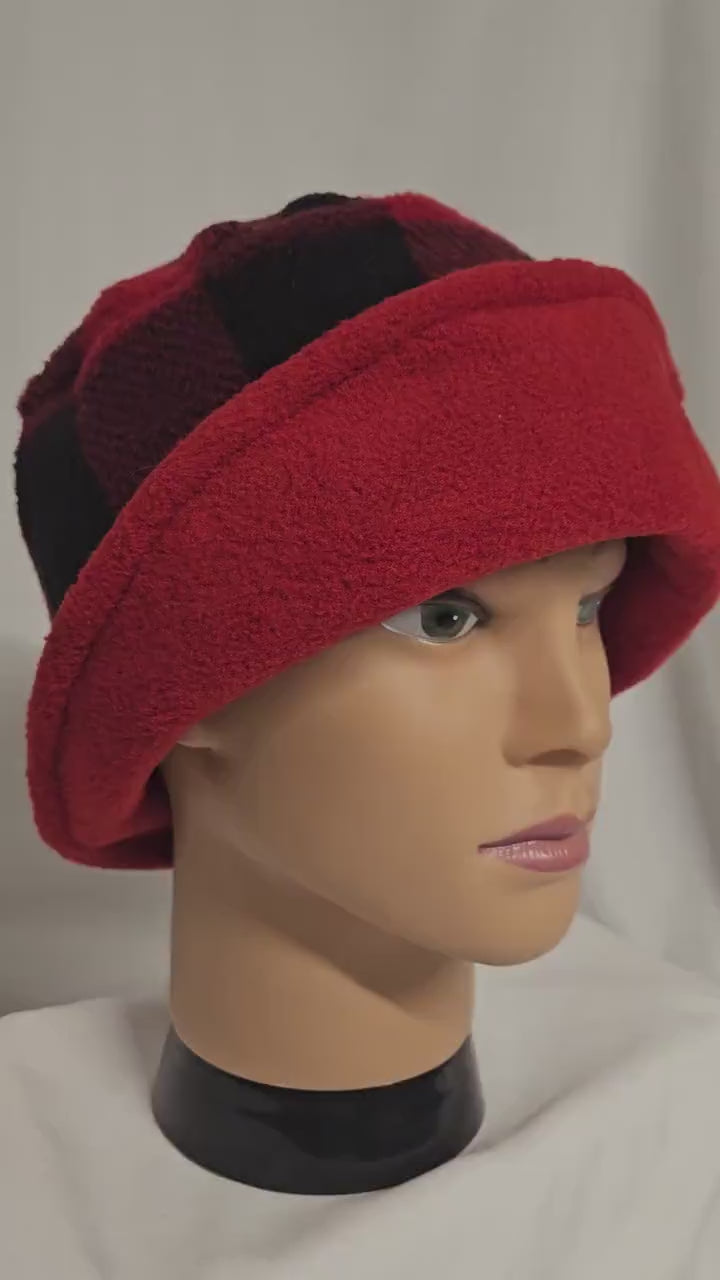 Red and Black Buffalo Check with Black Flapper Anti Pill Fleece Winter Flapper Hat Size Medium Left Flap