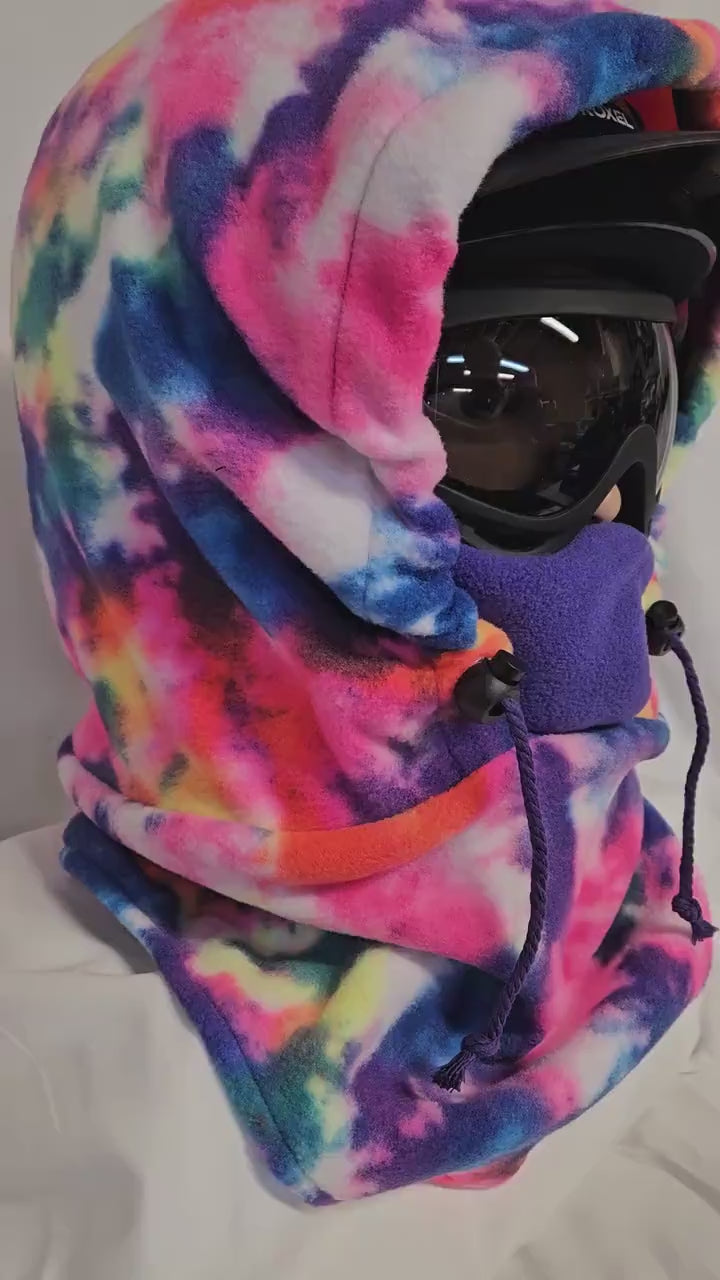 Rainbow Spatter Anti Pill Fleece Large Ski Helmet Cover with purple mask