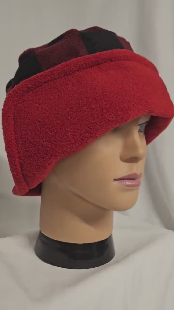 Red and Black Buffalo Check with Black Flapper Anti Pill Fleece Winter Flapper Hat Large with Right Flap