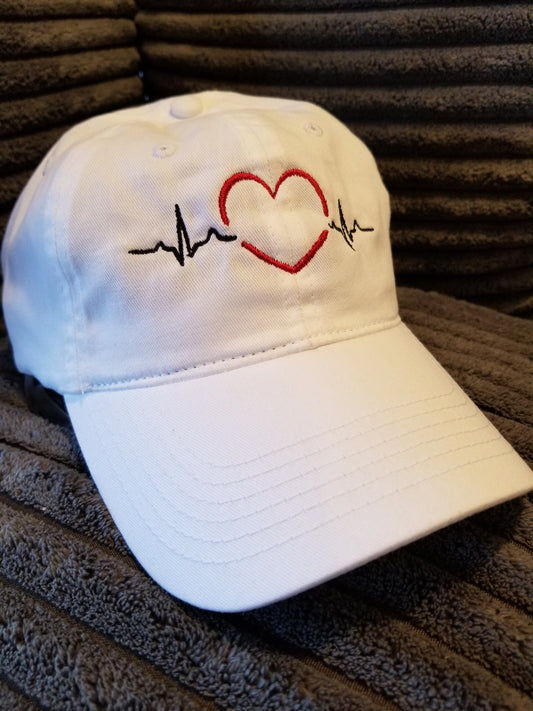 EKG Heart Style White Baseball Cap, Trucker Hat, EKG Heart Embroidered High Quality Cap, Embroidered Cap with Velcro Closure