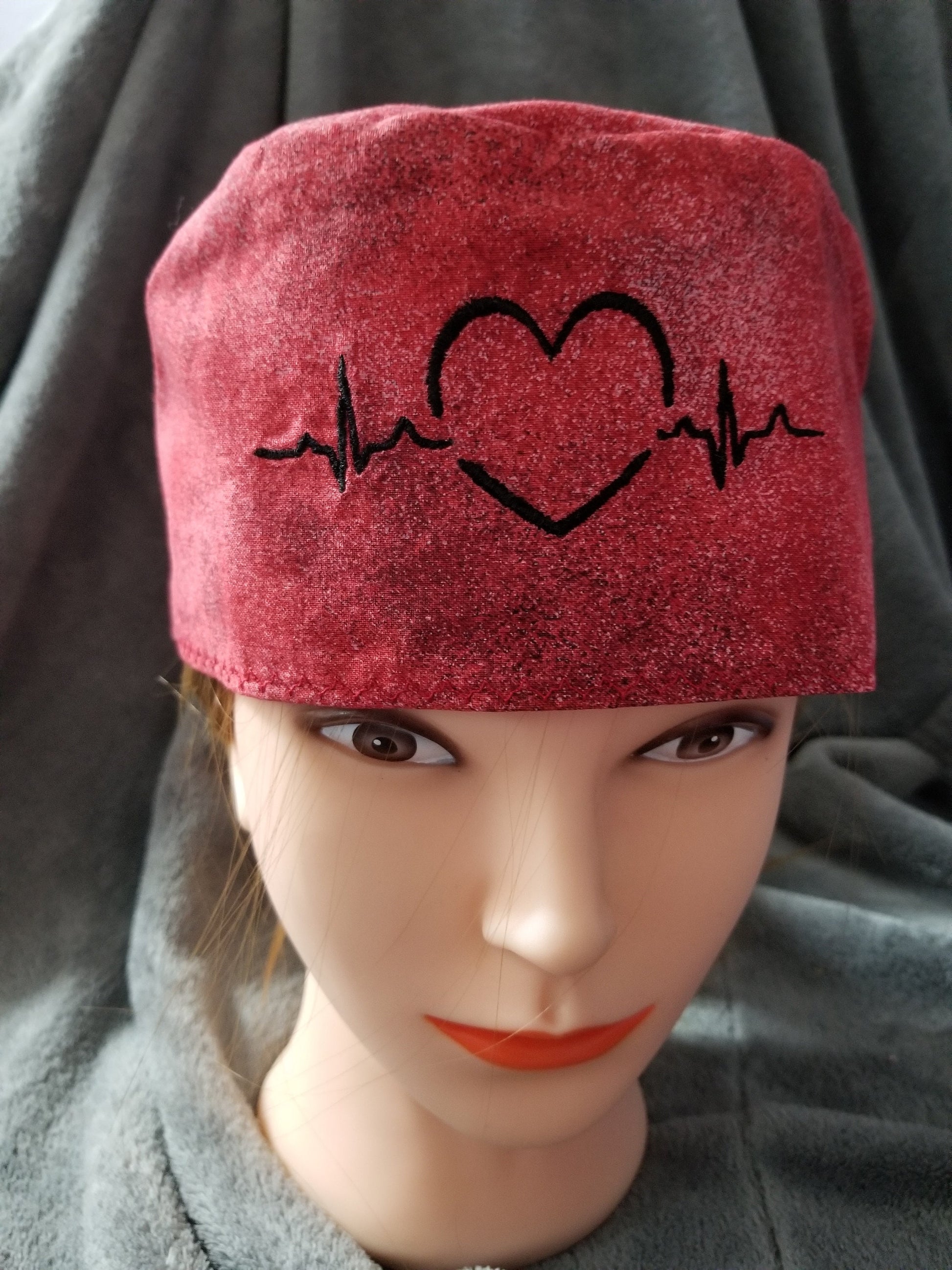 Red Paint Splatter EKG Heart Embroidered Scrub Cap with hook and loop fasteners
