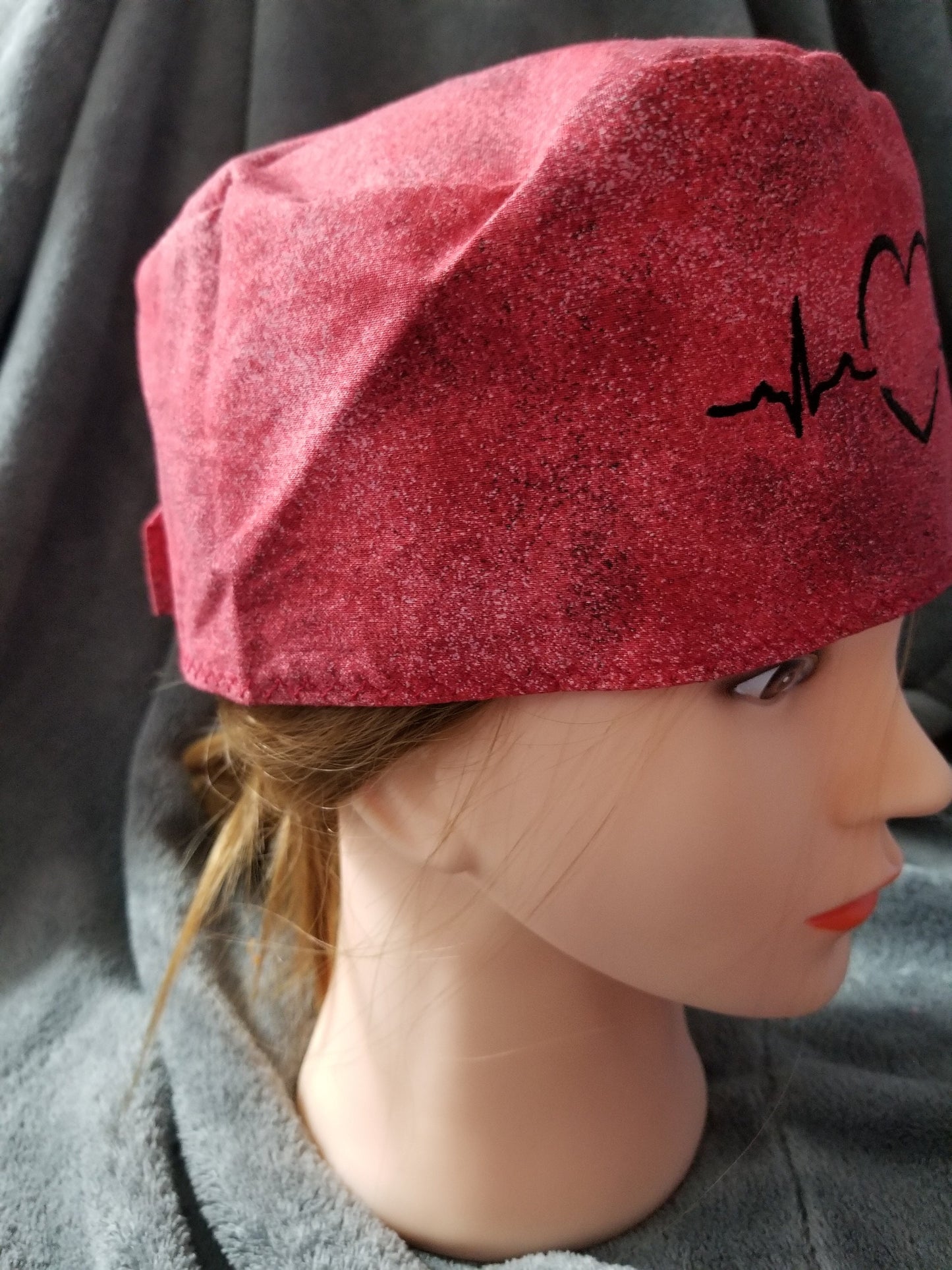 Red Paint Splatter EKG Heart Embroidered Scrub Cap with hook and loop fasteners