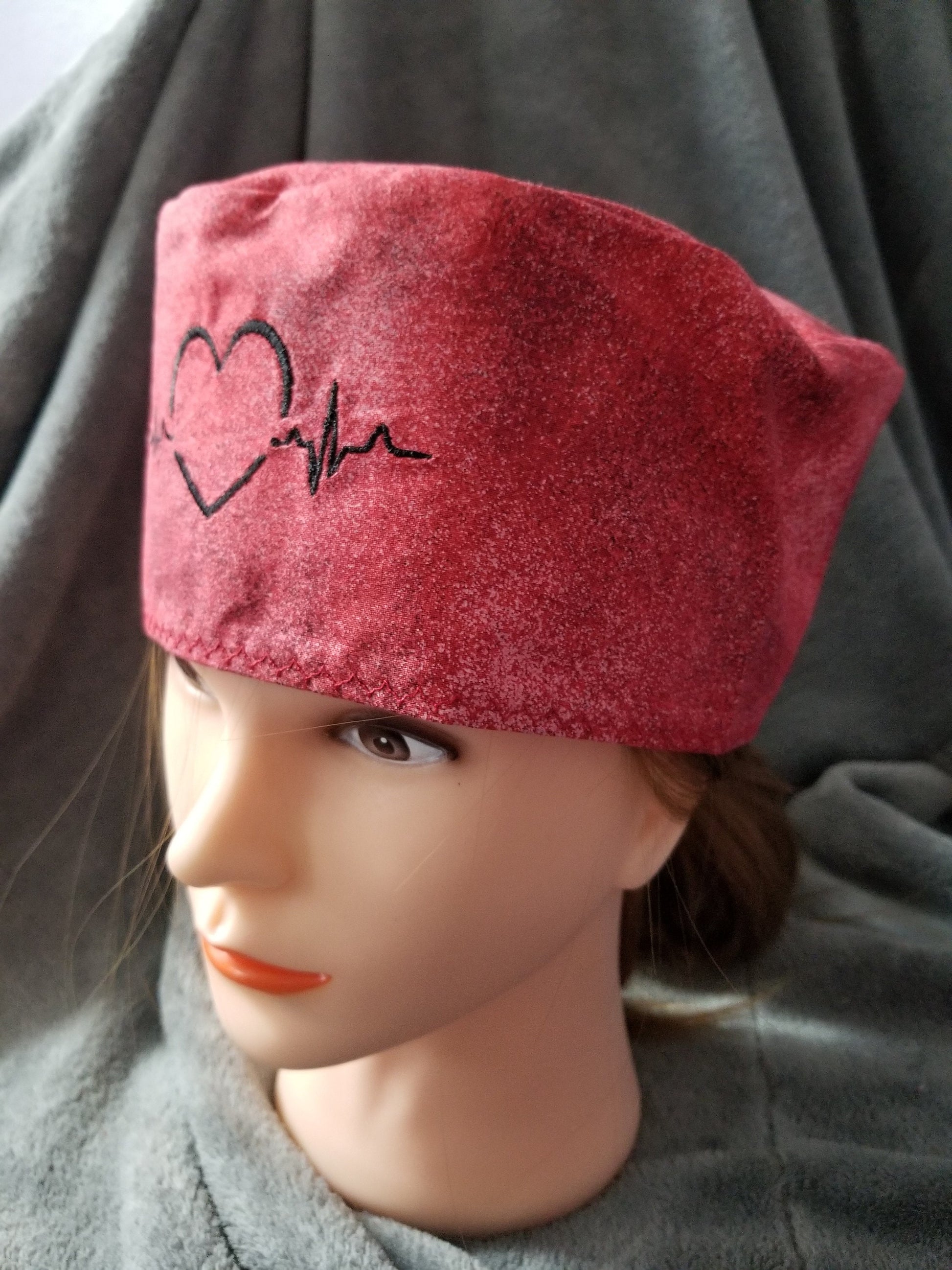 Red Paint Splatter EKG Heart Embroidered Scrub Cap with hook and loop fasteners