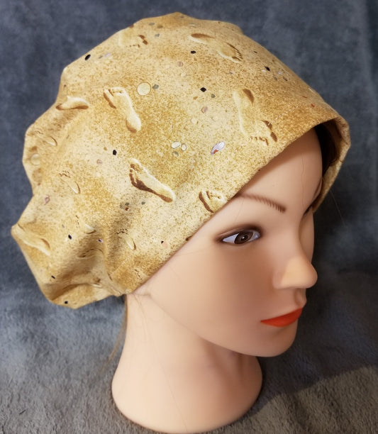 Beige Background with Footsteps in the Sand Pixie Style Scrub Cap,  Euro style scrub cap 