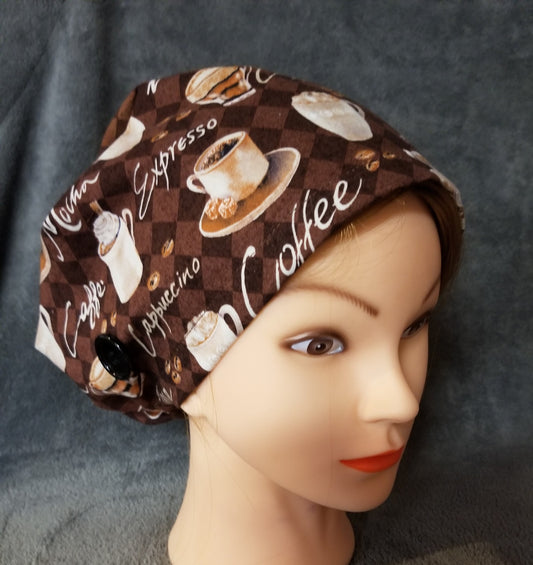 Coffee Java Print on Brown Background Pixie Style Scrub Cap, Euro style scrub cap 