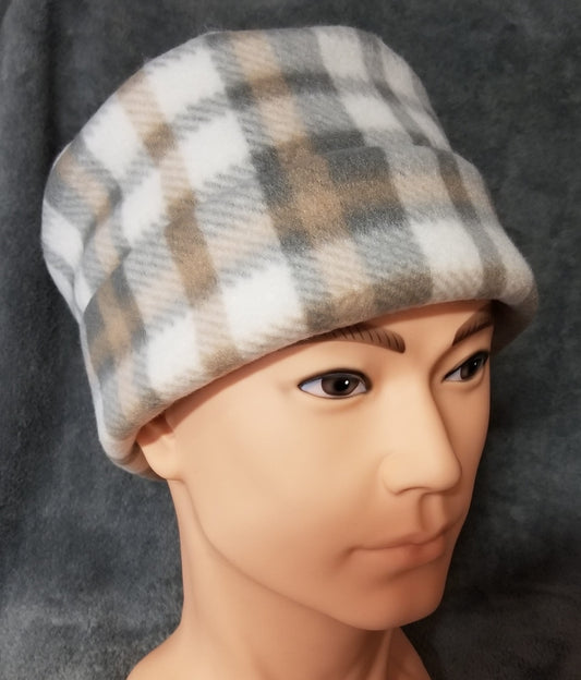 Gray Plaid Fleece Pillbox Hat