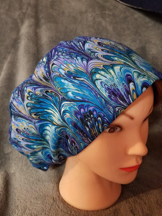 Pixie Style Scrub Cap Purple, Blue Oil Slick Pattern,  Euro style scrub cap 